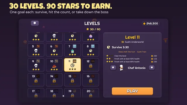 Levels screen in Chef Survivor: numbered levels with their stars, and Level 11 — survive 3:30 in the Sushi Underworld — selected with its rules, star rewards and the chef to play