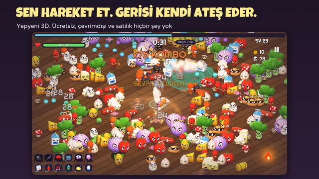 Mangal Çiftliği'nde 3D Chef Survivor oynanışı: izometrik bir mutfakta yüzlerce yemek canavarıyla çevrili bir şef, her yerde hasar sayıları ve kombo sayacı