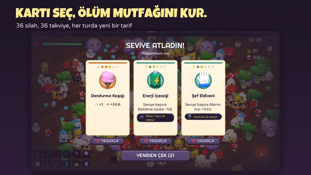 Chef Survivor'da bir sürünün üstünde seviye atlama ekranı: üç yükseltme kartı — Dondurma Kaşığı, Enerji İçeceği ve Şef Eldiveni; her pasif eşleştiği silahla işaretli — yasakla ve yeniden çek düğmeleriyle