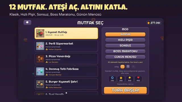 Chef Survivor mutfak seçme ekranı: tehlikeleriyle mutfaklar, beş mod — Klasik, Hızlı Pişir, Sonsuz, Boss Turu, Günün Özel'i — ve Ateş kadranı