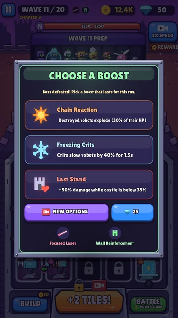 CogGrid: choosing a boost after a boss, Chain Reaction, Freezing Crits or Last Stand