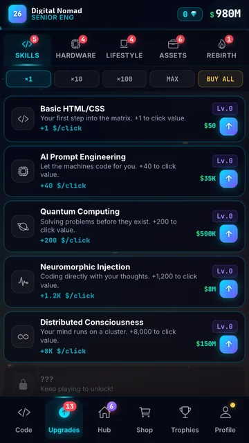 Digital Nomad Tycoon: the skills upgrade list