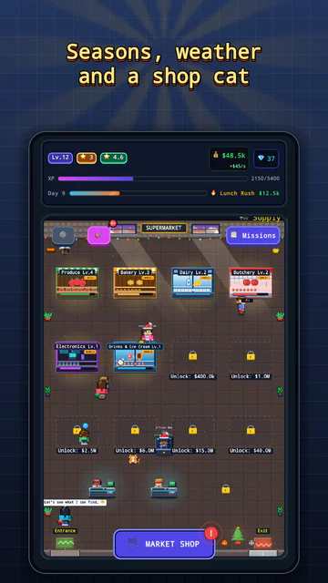 Market Simulator: the shop decorated for winter, with the shop cat